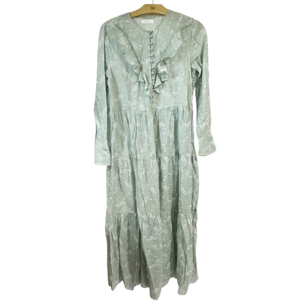 DOEN Women Medium Assam Dress Dusty Blue Green Sweet Daisy Maxi Long Sleeve